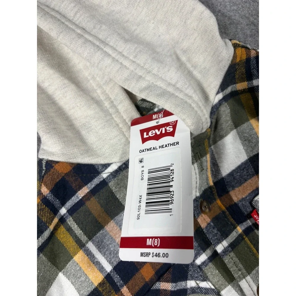 Levi's Boys Hooded Flannel Shirt Oatmeal Heather‎ Plaid Size M 8